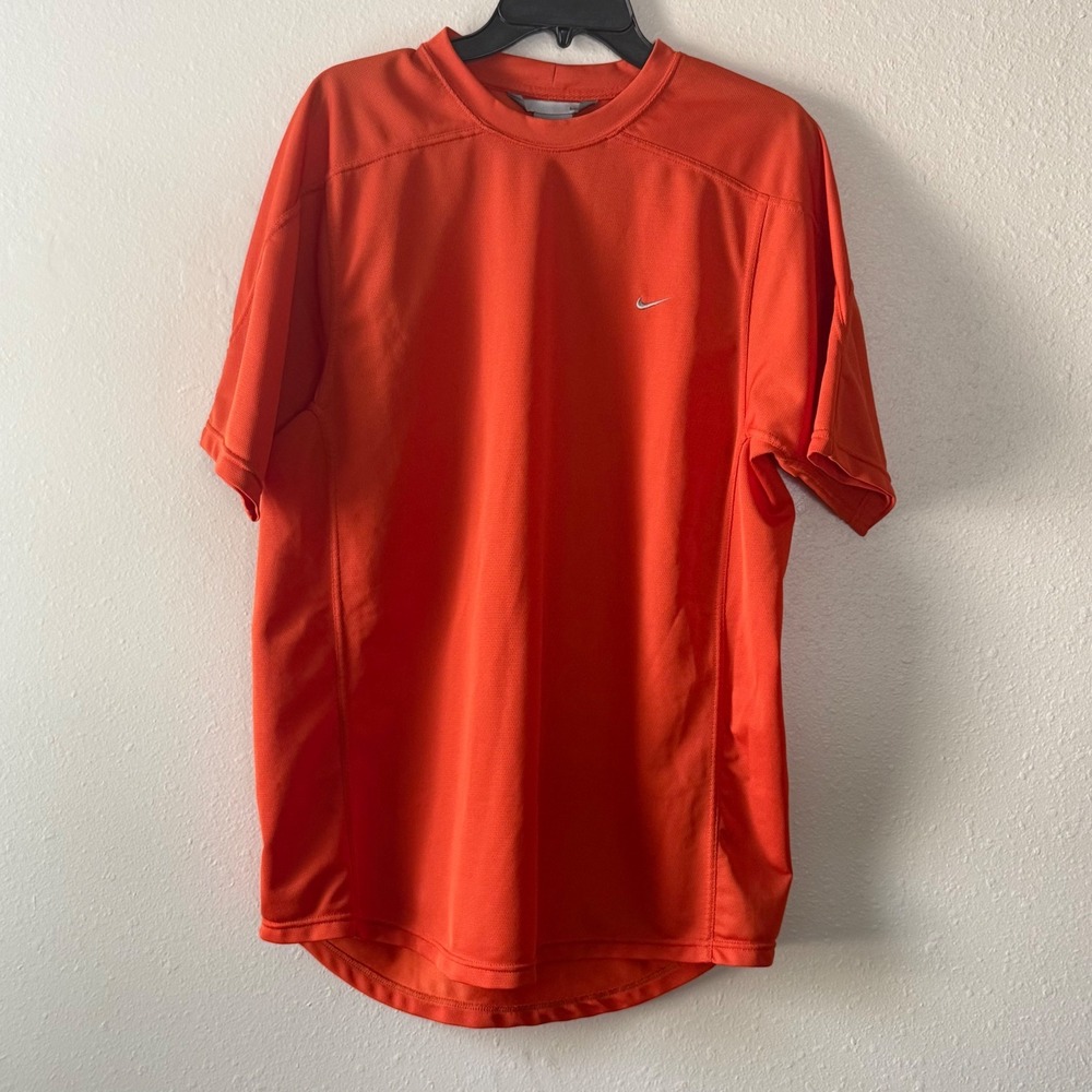 VTG Nike Mens Orange Short Sleeve Training Shirt Mesh Athletic Swoosh Logo Large